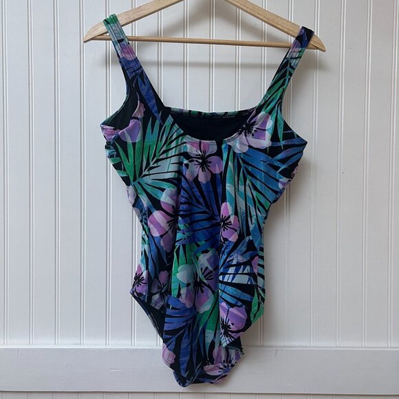 TYR One Piece Swimsuit Tropical Flowers Leaf Pattern Pink Purple Green - Picture 3 of 11